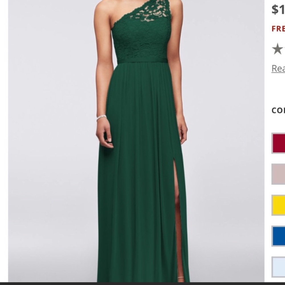 David’s Bridal long one shoulder lace green dress